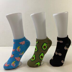 Womens Ankle Socks Set 3 Banana Avocado Cherry Print Blue Green Black Pink Brown